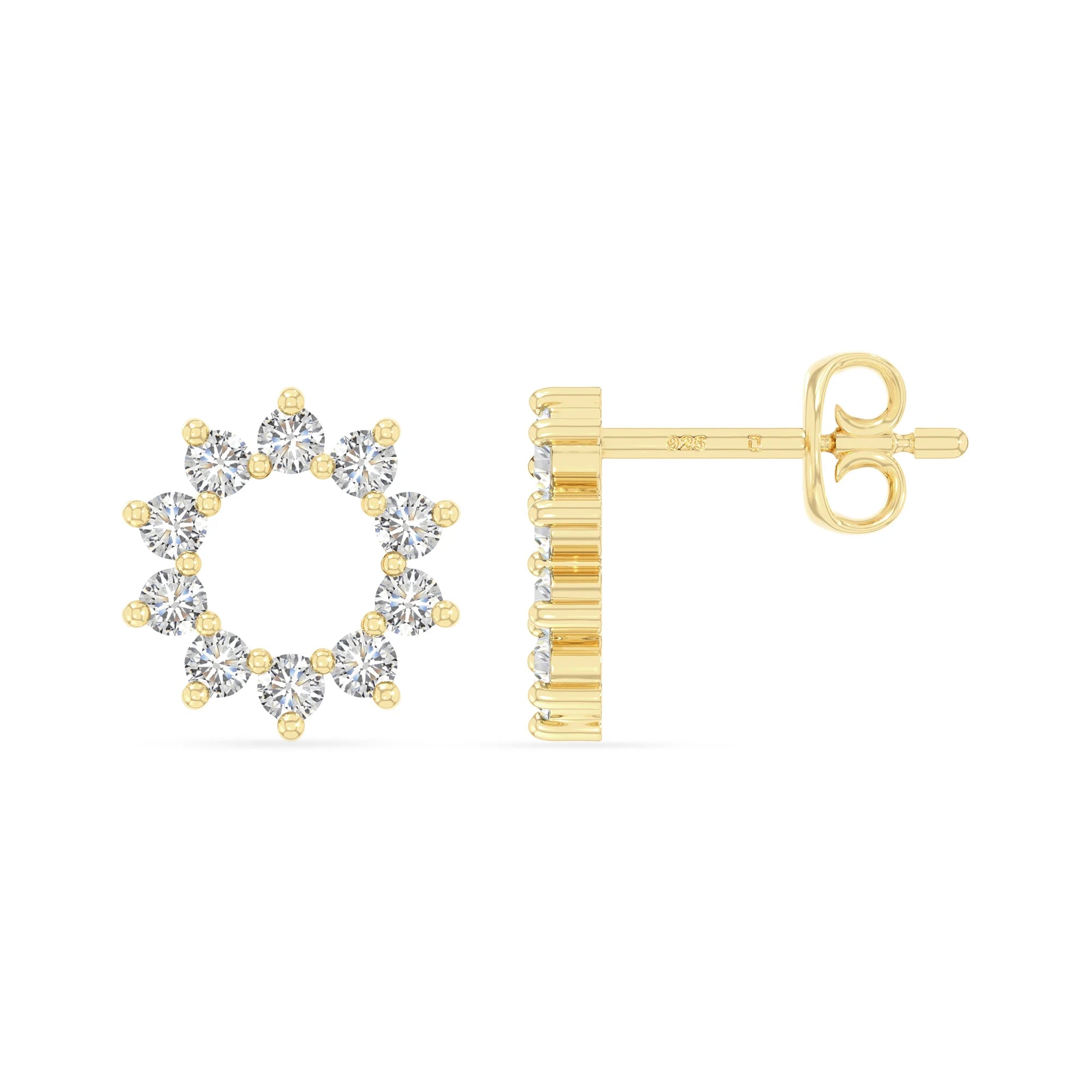 moissanite sun stud earrings in yellow gold vermeil 
