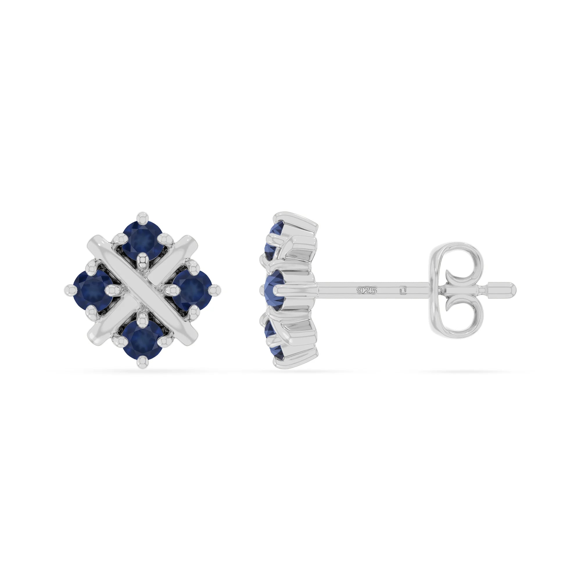 natural blue-sapphire flower stud earrings in sterling silver 