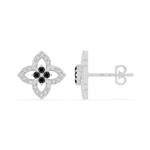 natural black-onyx 4 petal flower stud earrings in sterling silver 