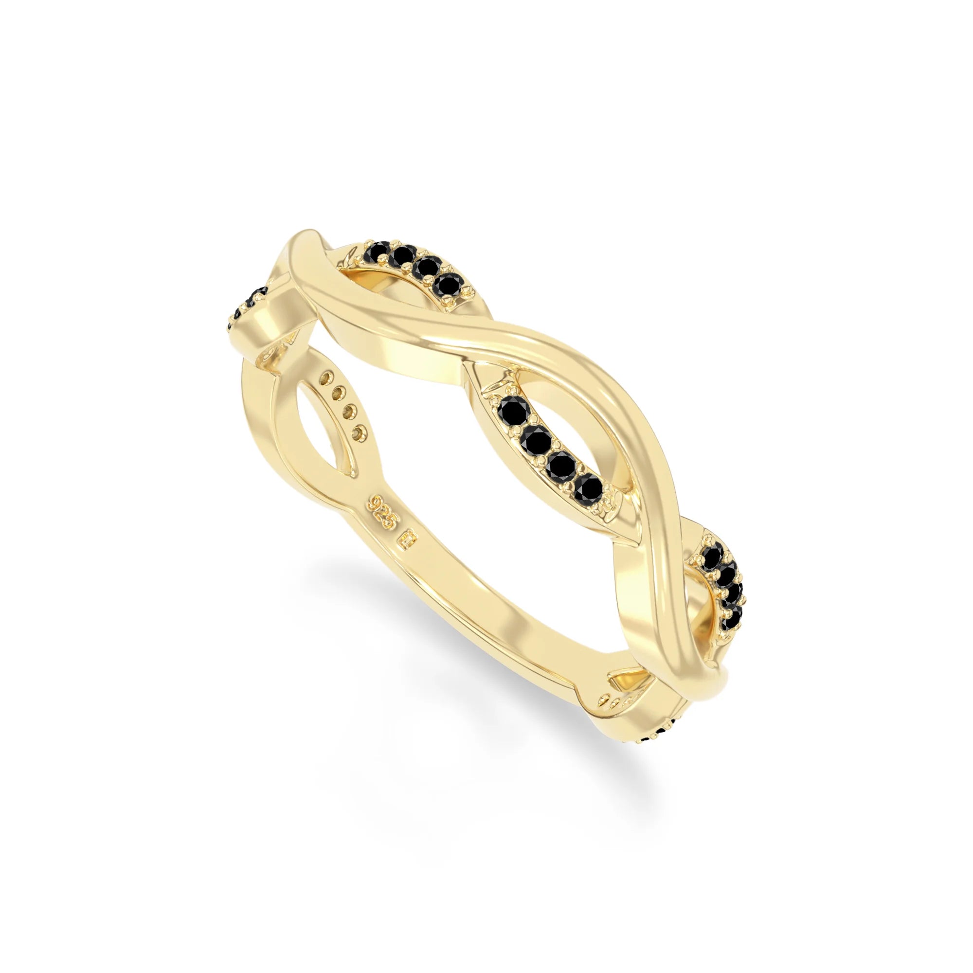natural black onyx twisted wedding band rings in yellow gold vermeil