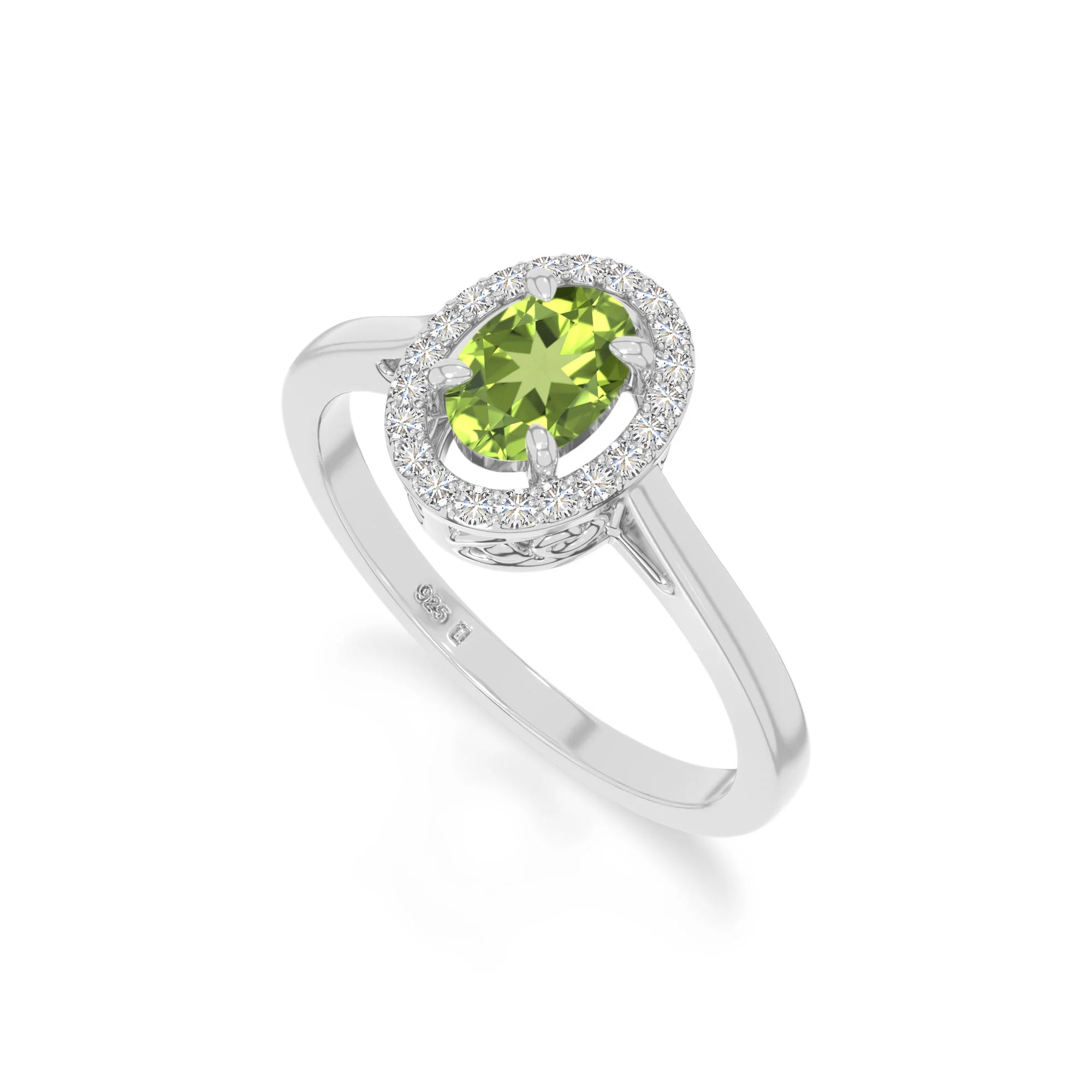 natural peridot solitaire halo engagement rings in sterling silver 