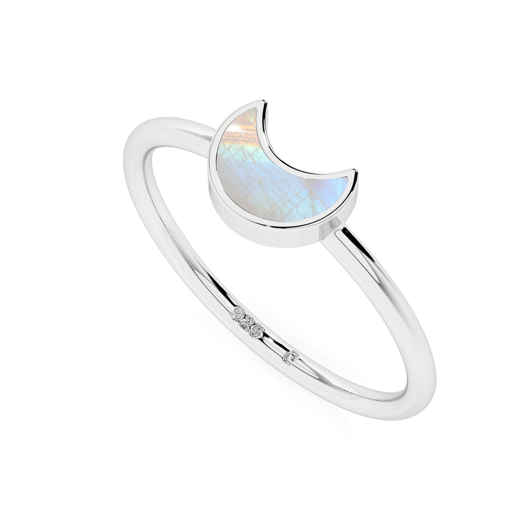 rainbow moonstone moon shape stackable bezel-set ring