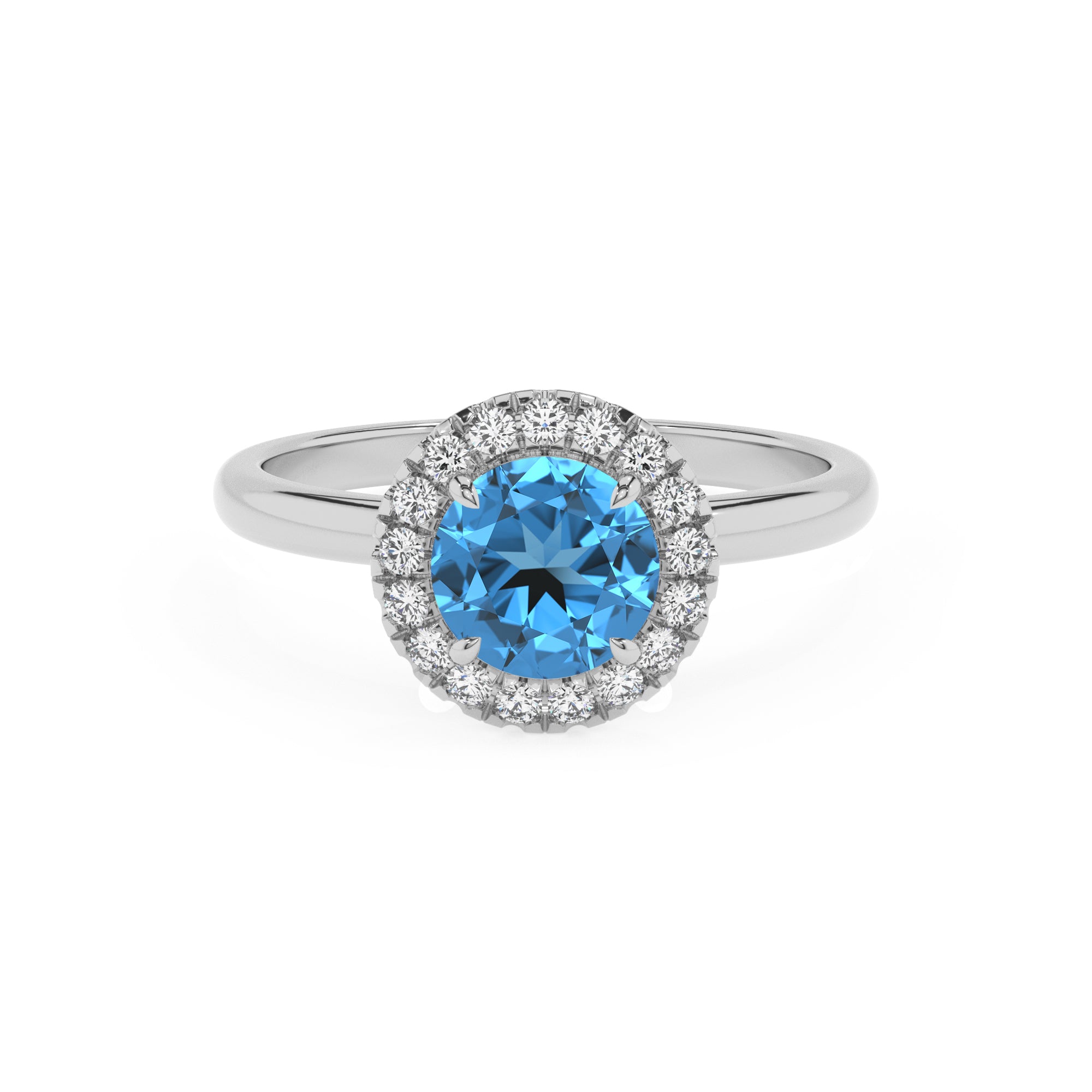 natural swiss blue topaz round halo solitaire engagement ring