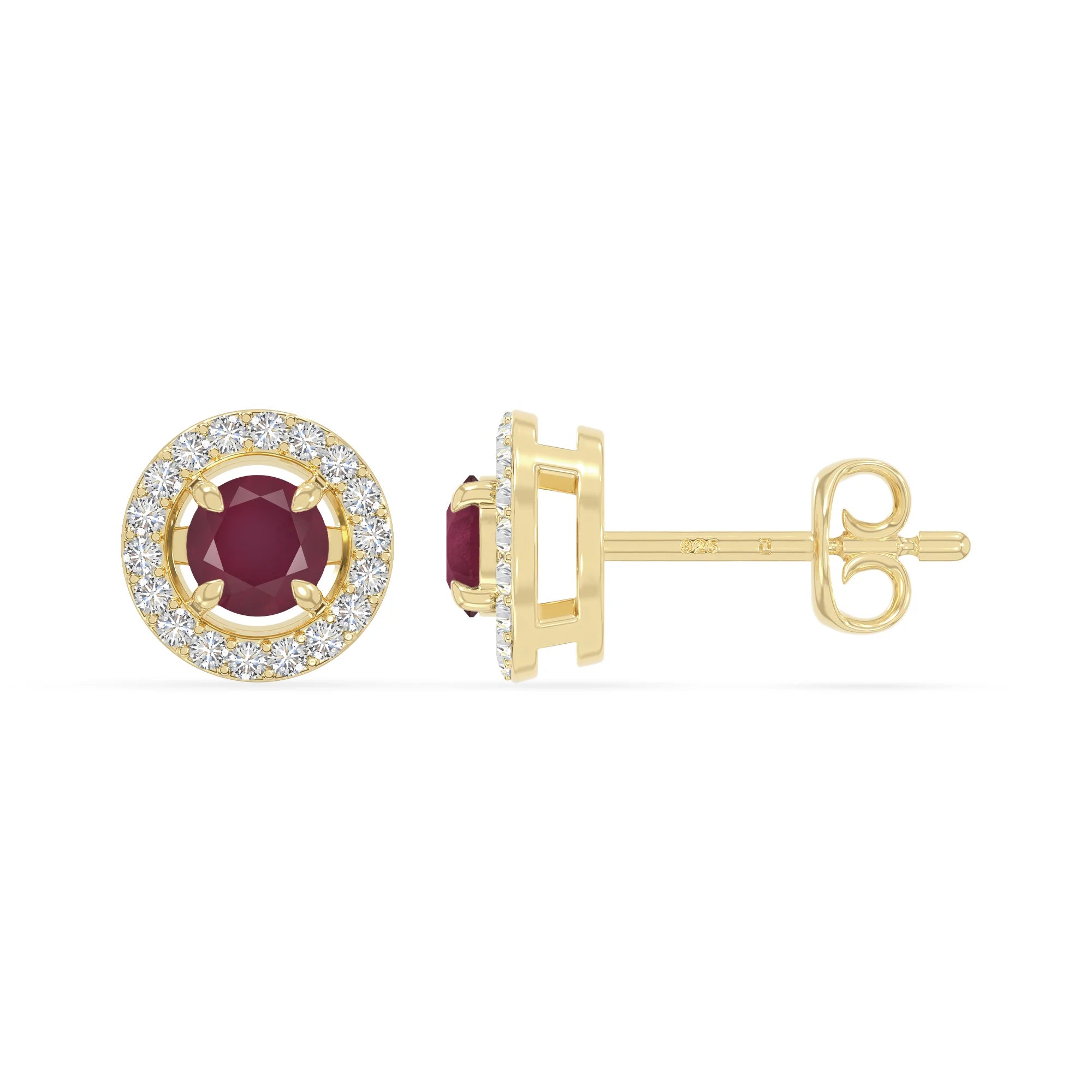 natural ruby halo stud earrings in yellow gold vermeil 