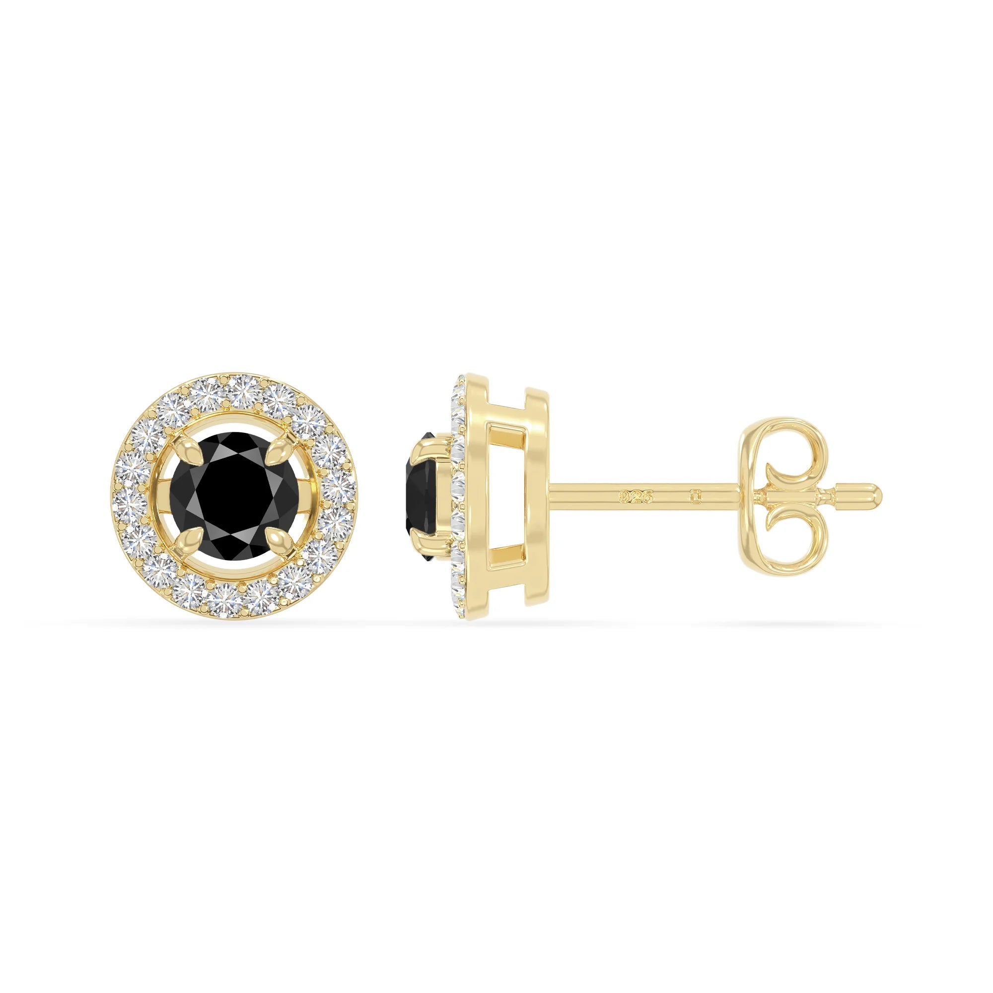 natural black-onyx halo stud earrings in yellow gold vermeil 