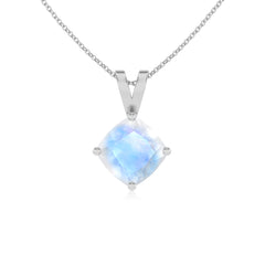 Lab Grown Rainbow Moonstone Cushion Solitaire V-Bale Pendant Necklace with 18" Chain