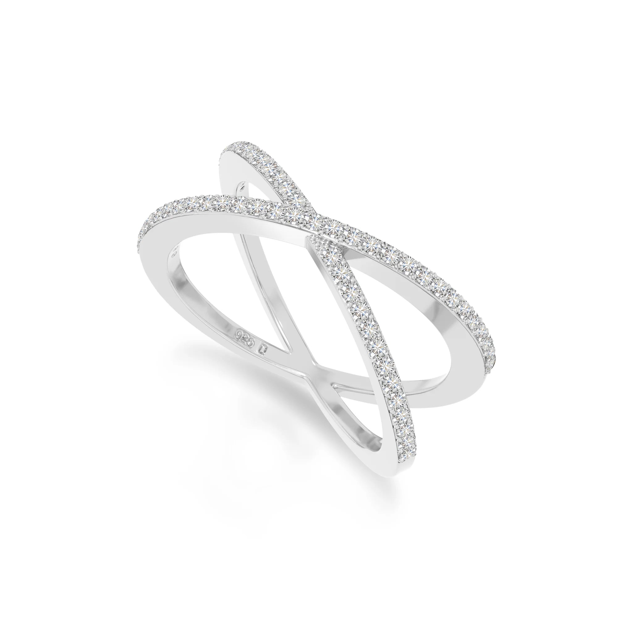 natural moissanite criss cross band rings in sterling silver 