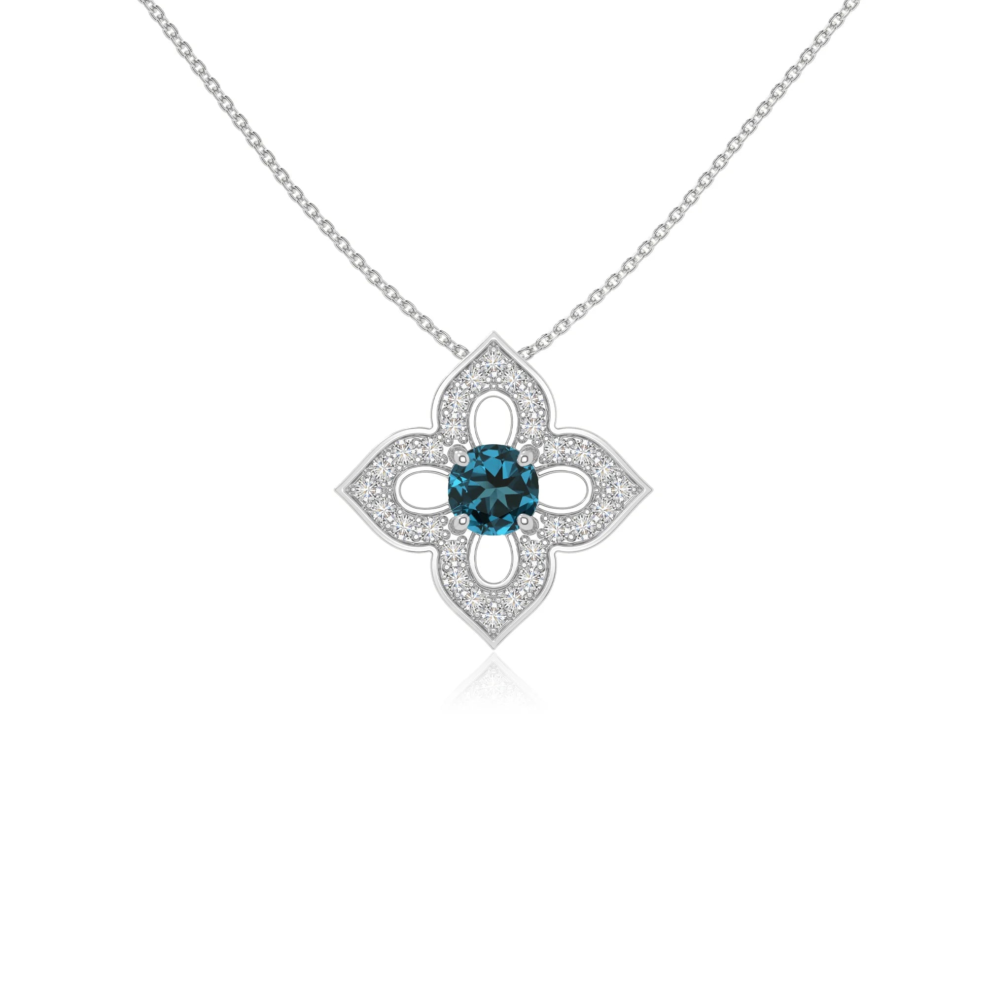 natural london-blue-topaz 4 petal flower necklaces in sterling silver 