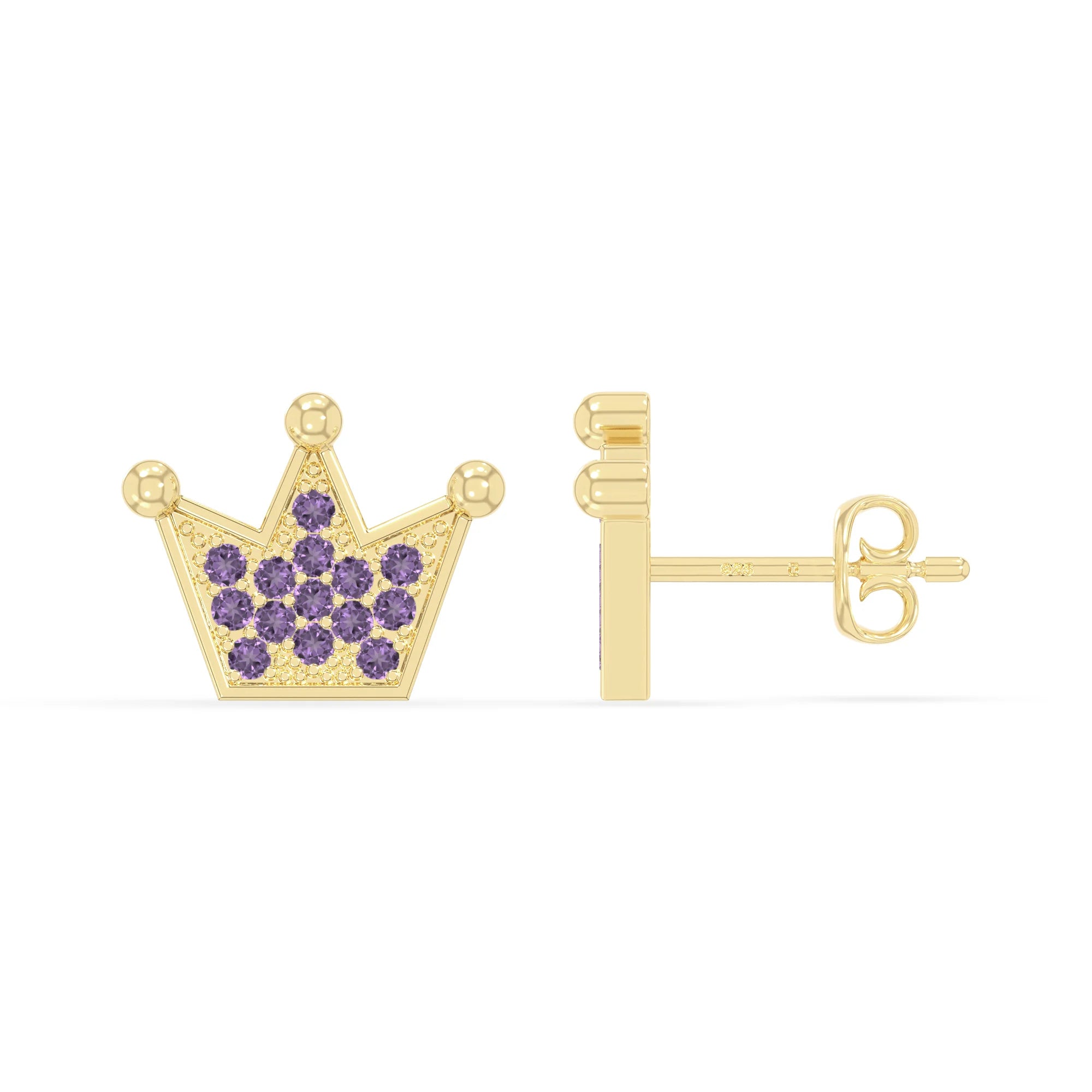 natural amethyst crown stud earrings in yellow gold vermeil 