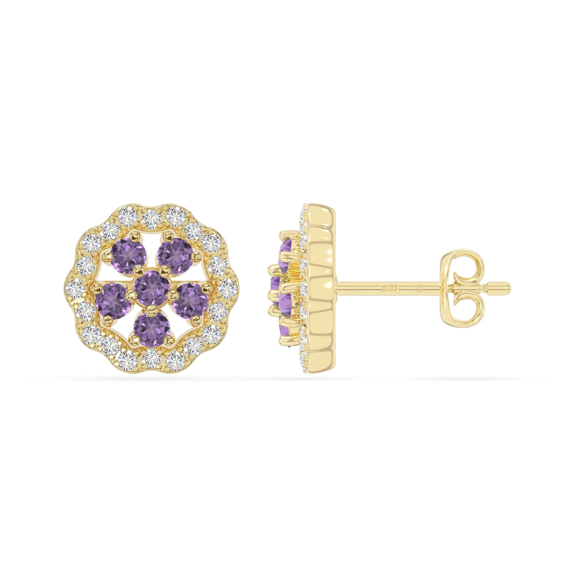 natural amethyst flower stud earrings in yellow gold vermeil 