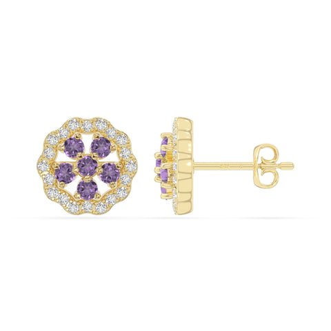 natural amethyst flower stud earrings in yellow gold vermeil 