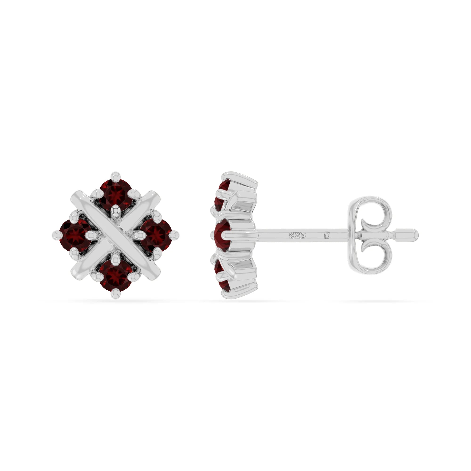 natural garnet flower stud earrings in sterling silver 