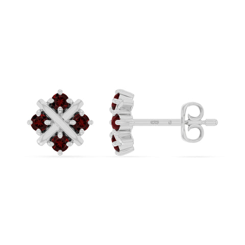 natural garnet flower stud earrings in sterling silver 
