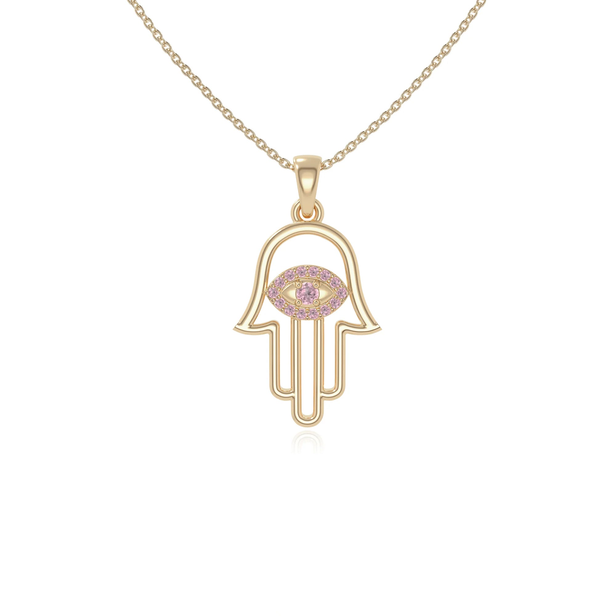 natural pink-tourmaline evil eye hamsa hand necklaces in yellow gold vermeil 