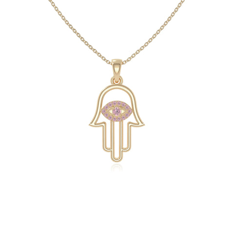 natural pink-tourmaline evil eye hamsa hand necklaces in yellow gold vermeil 