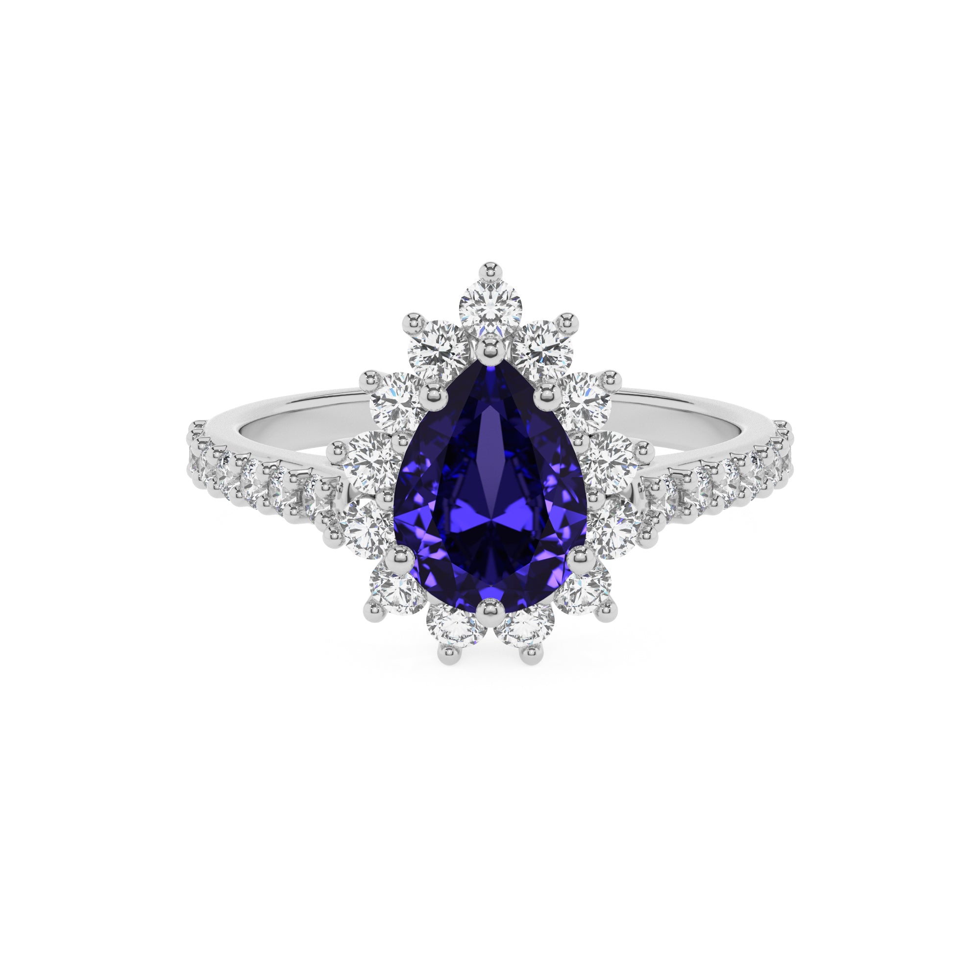 lab-grown tanzanite pear half eterity halo solitaire engagement ring