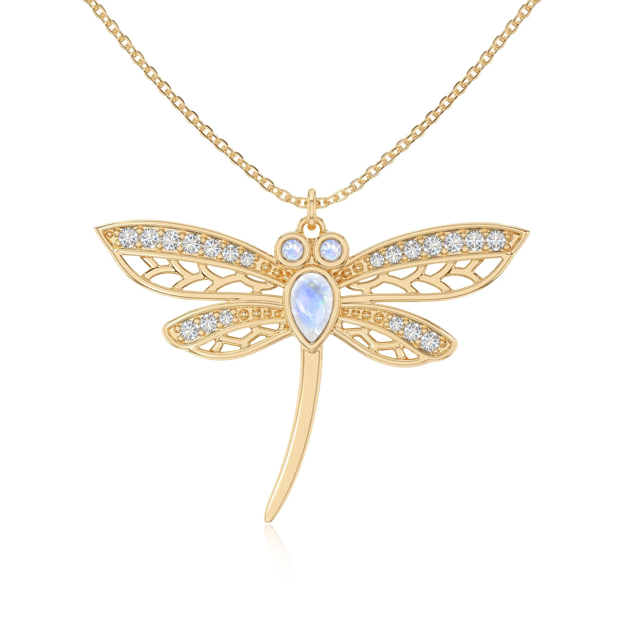rainbow moonstone dragonfly necklaces in yellow gold vermeil 