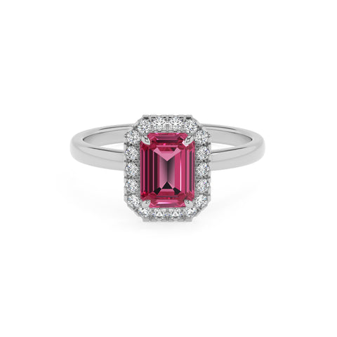 lab-grown pink-tourmaline emerald halo solitaire engagement ring