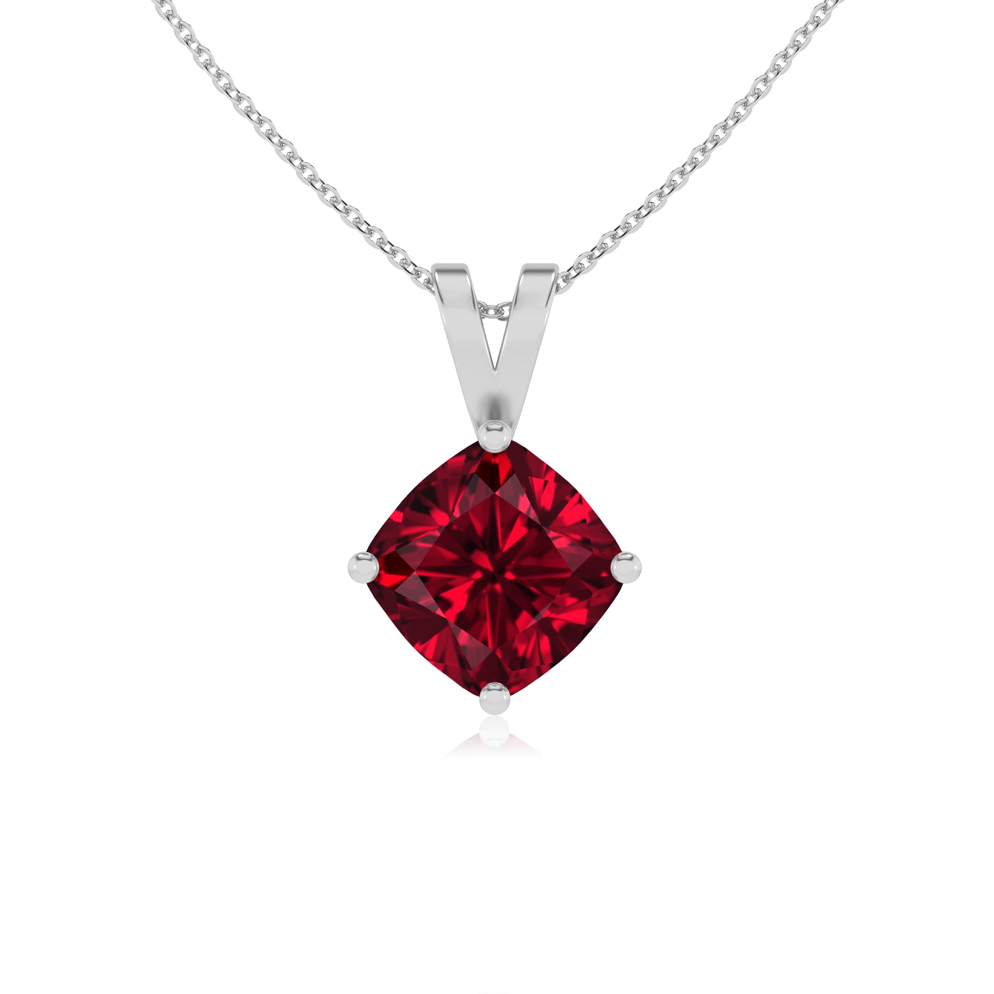 lab grown ruby cushion shape solitaire v-bale pendant necklace