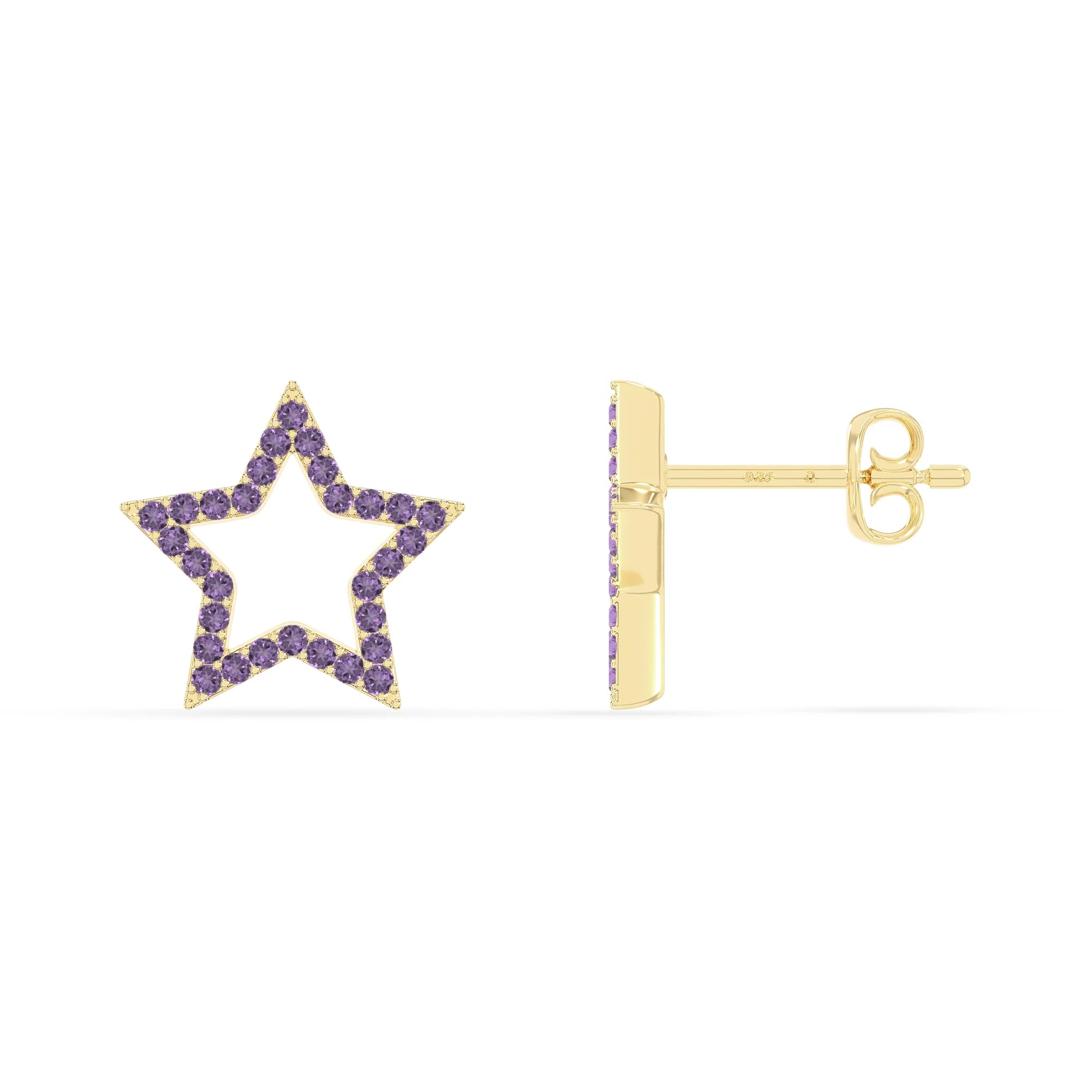 natural amethyst star stud earrings in yellow gold vermeil 