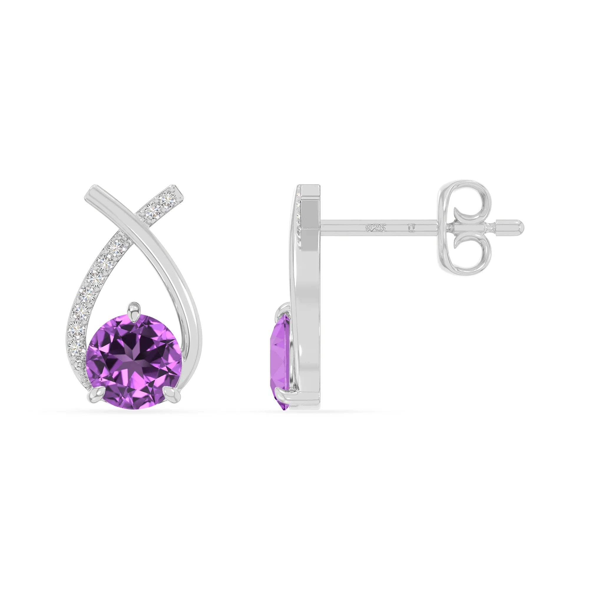 natural amethyst fishtail stud earrings in sterling silver 