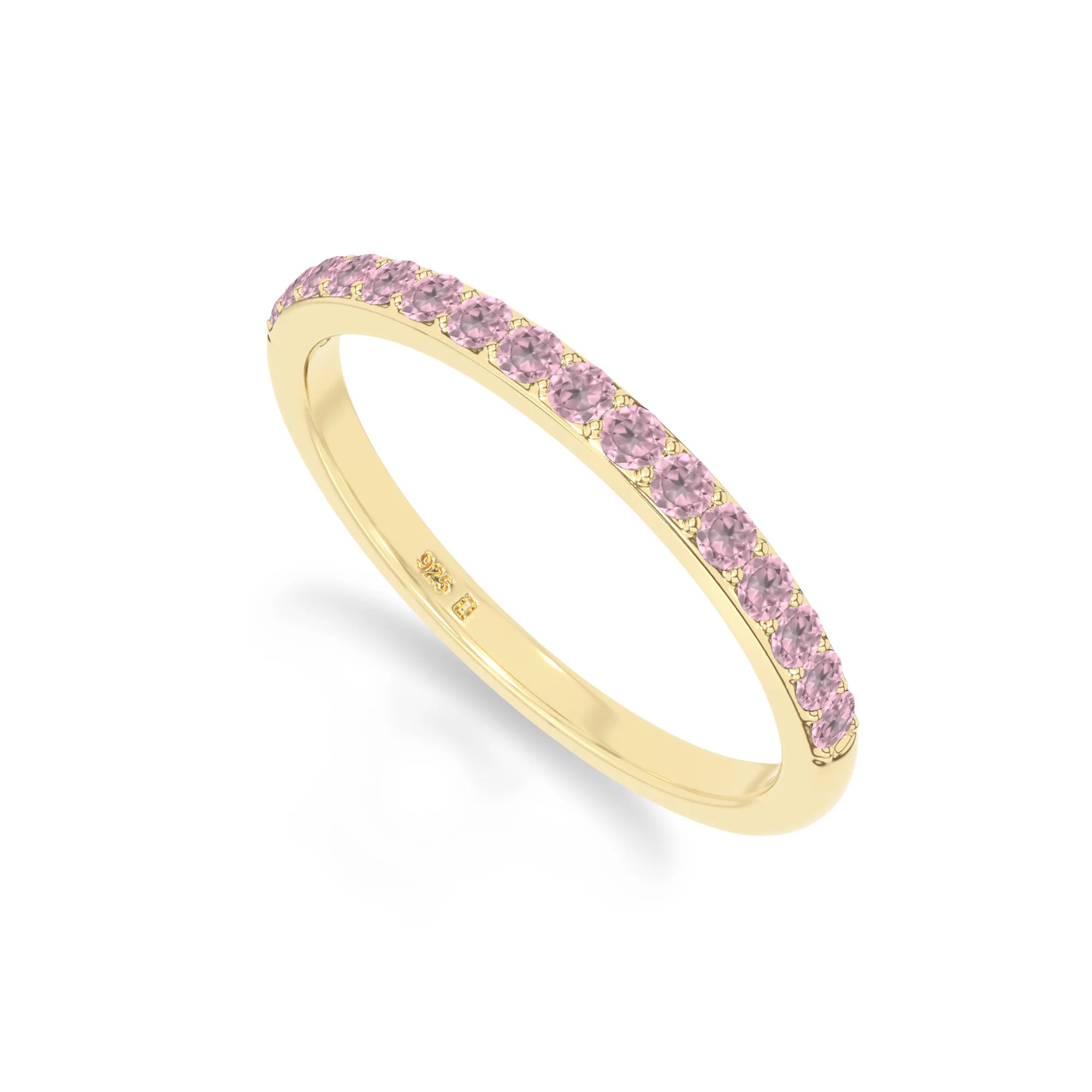 natural pink tourmaline half eternity band rings in yellow gold vermeil