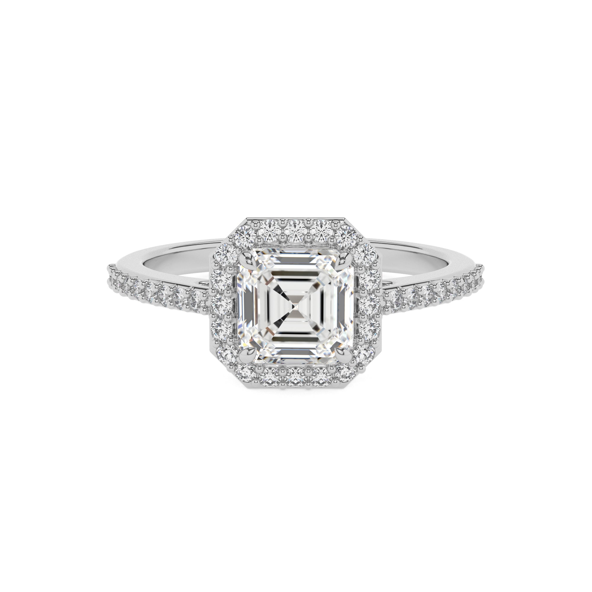 lab-grown moissanite asscher half eterity halo solitaire engagement ring