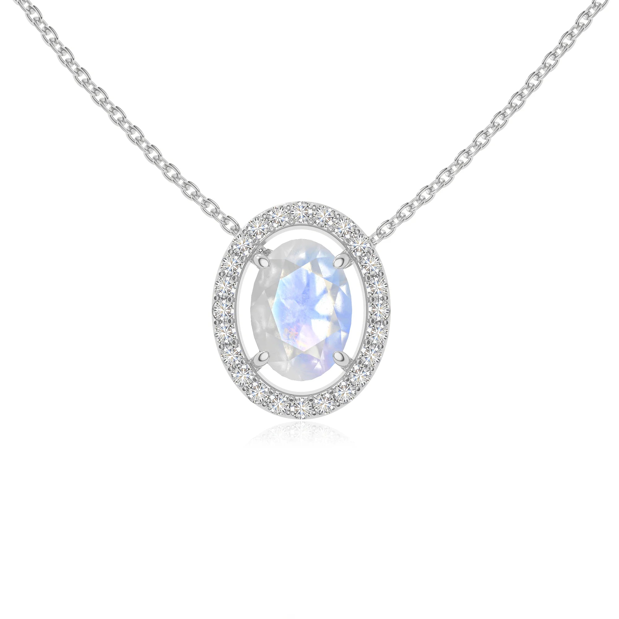 rainbow moonstone solitaire halo necklaces in sterling silver 