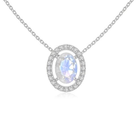 rainbow moonstone solitaire halo necklaces in sterling silver 