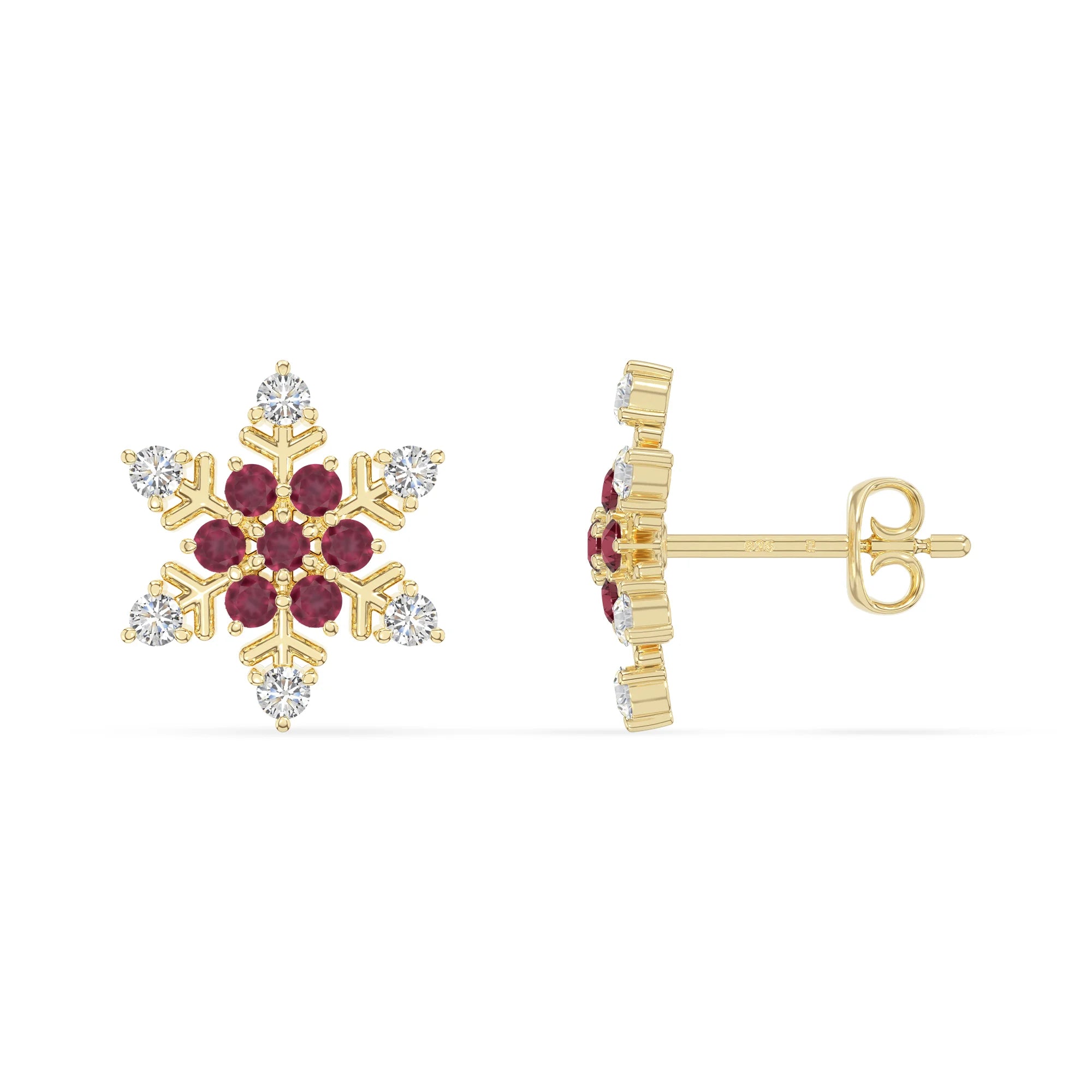 natural ruby snowflake stud earrings in yellow gold vermeil 
