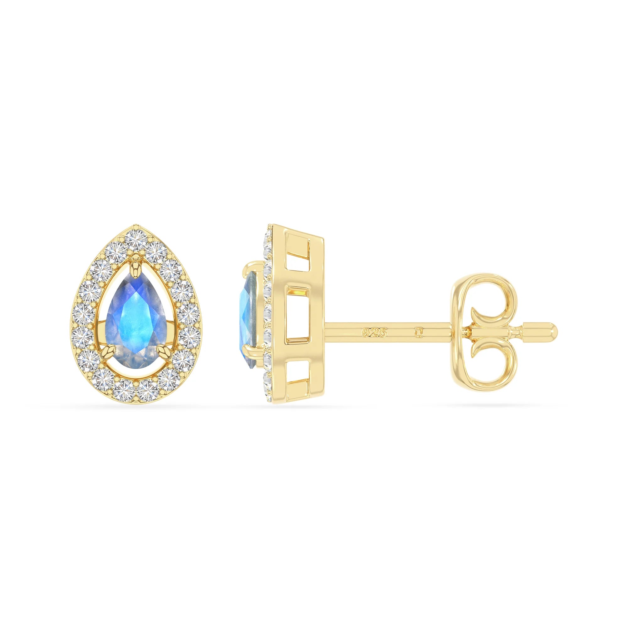 natural labradorite halo stud earrings in yellow gold vermeil 