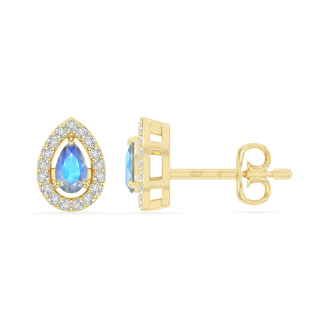 natural labradorite halo stud earrings in yellow gold vermeil 