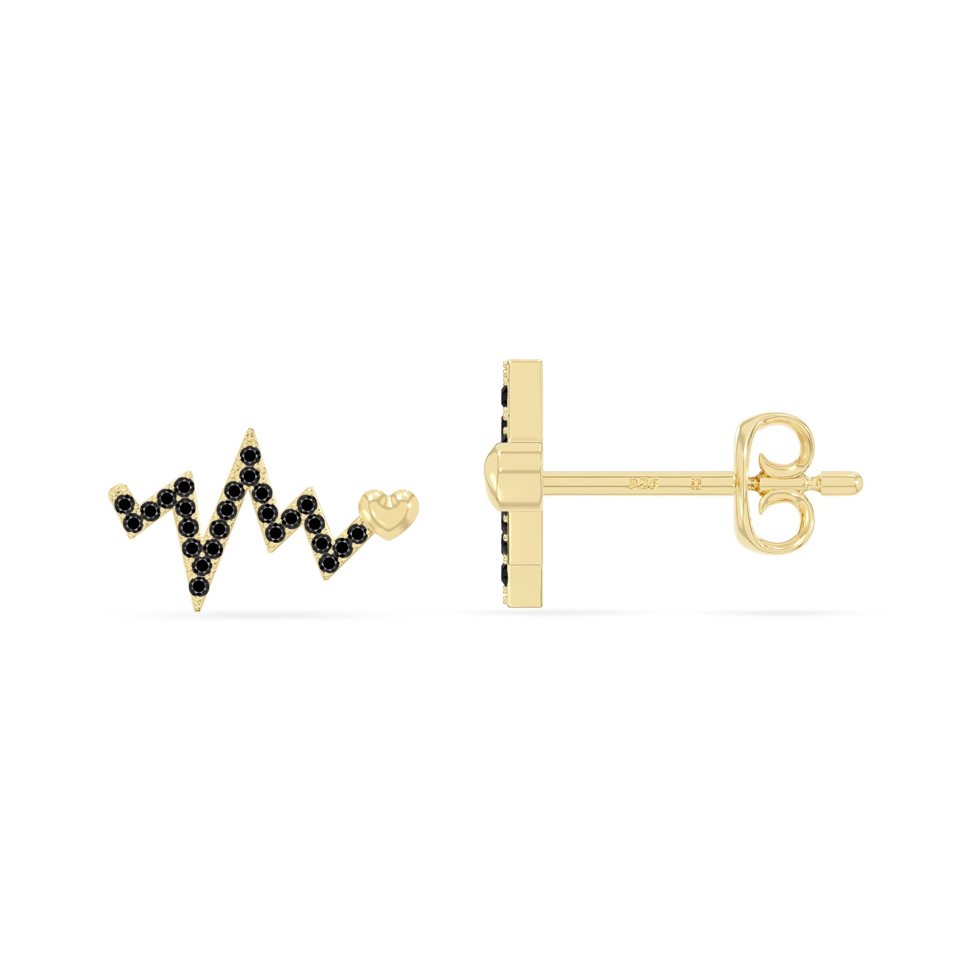 natural black-onyx heartbeat stud earrings in yellow gold vermeil 