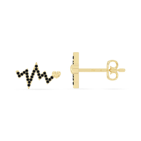 natural black-onyx heartbeat stud earrings in yellow gold vermeil 