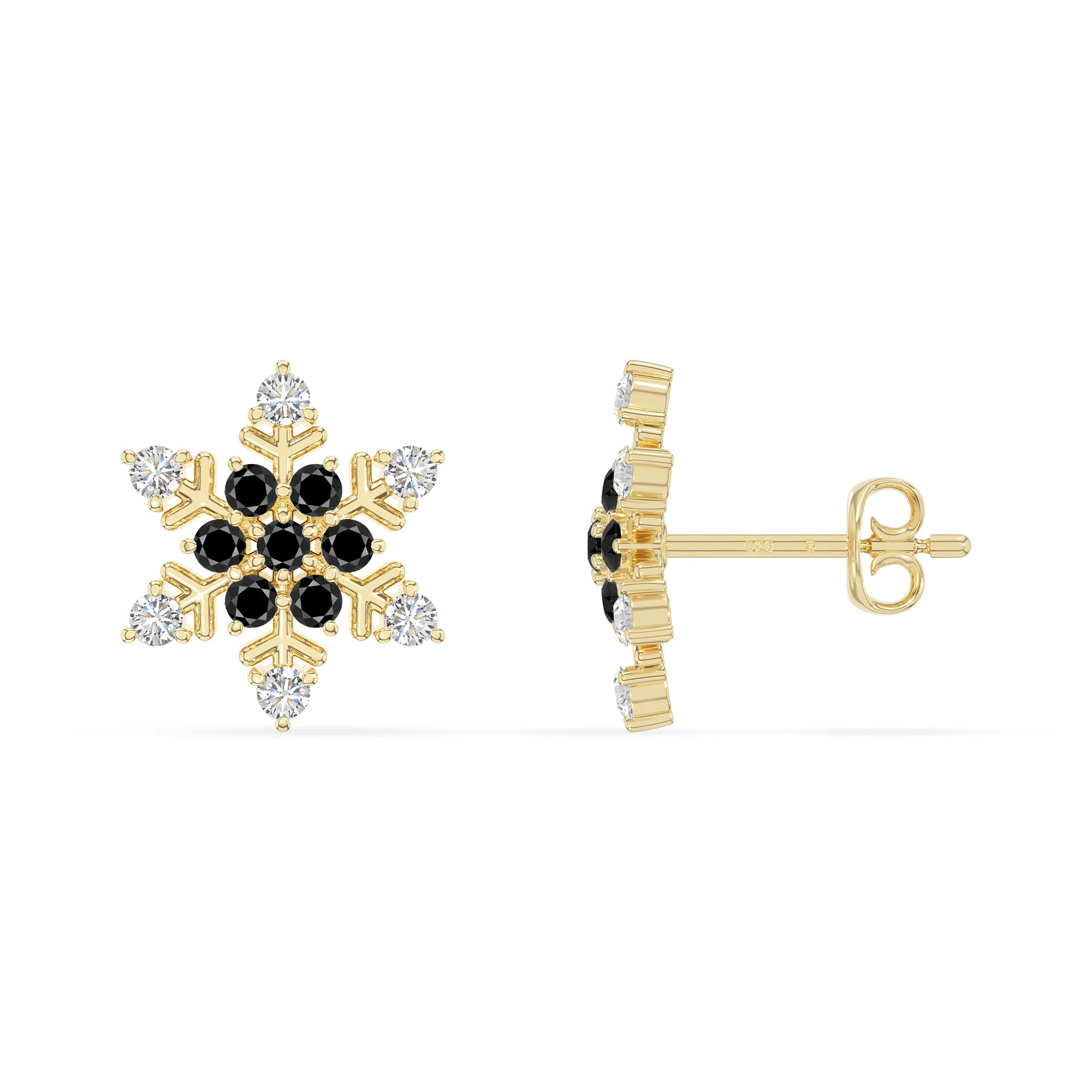 natural black-onyx snowflake stud earrings in yellow gold vermeil 