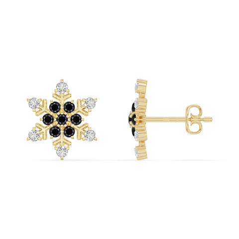 natural black-onyx snowflake stud earrings in yellow gold vermeil 