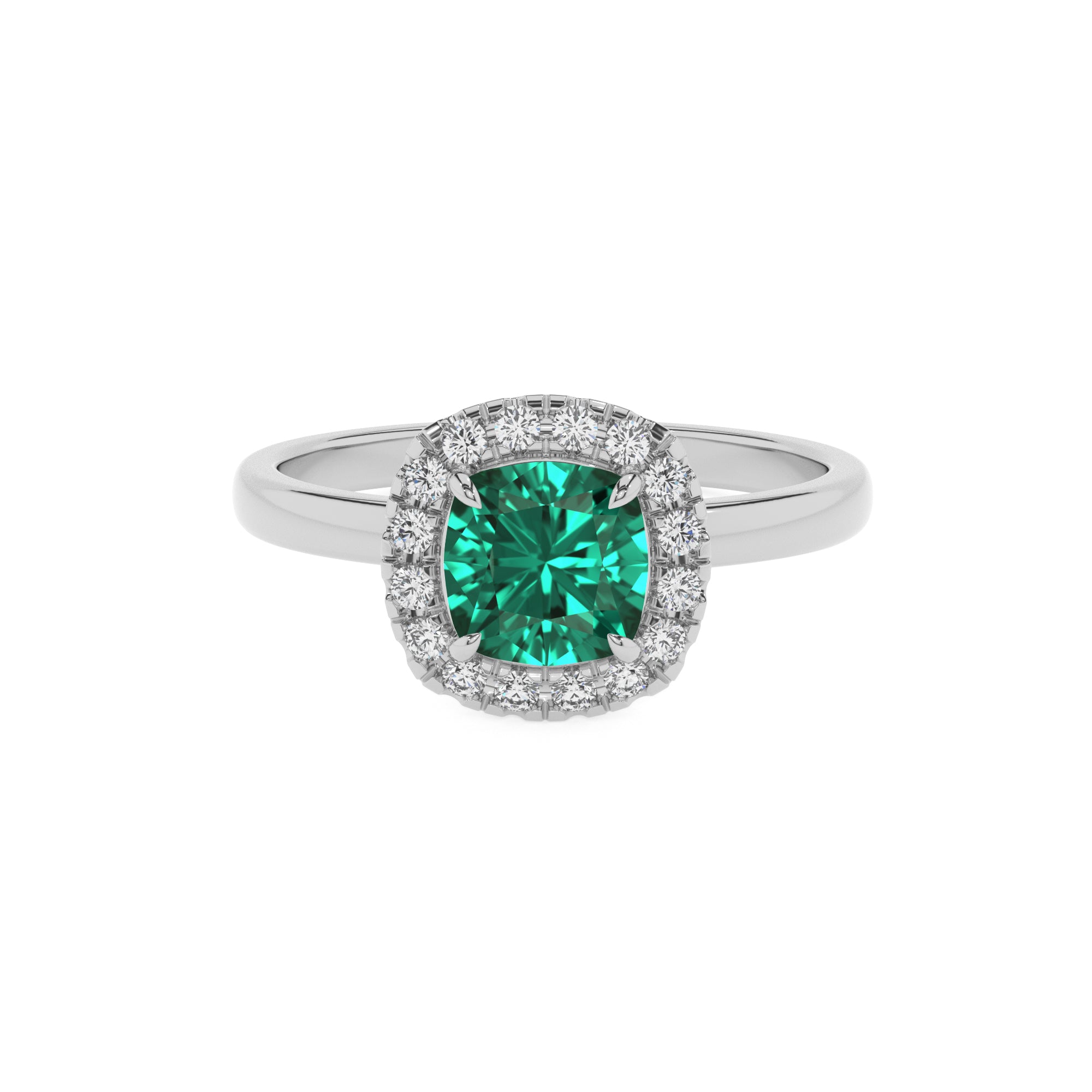 lab-grown emerald cushion halo solitaire engagement ring