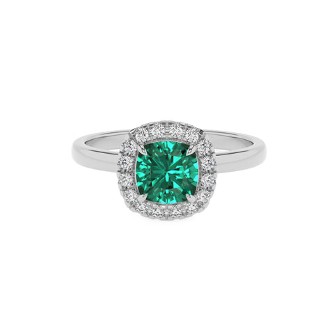 lab-grown emerald cushion halo solitaire engagement ring