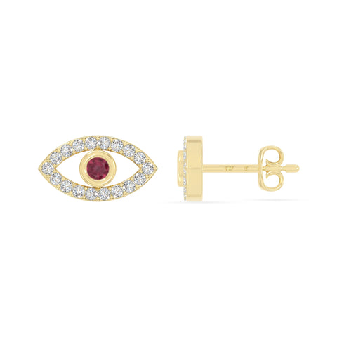 natural ruby evil eye stud earrings in yellow gold vermeil 