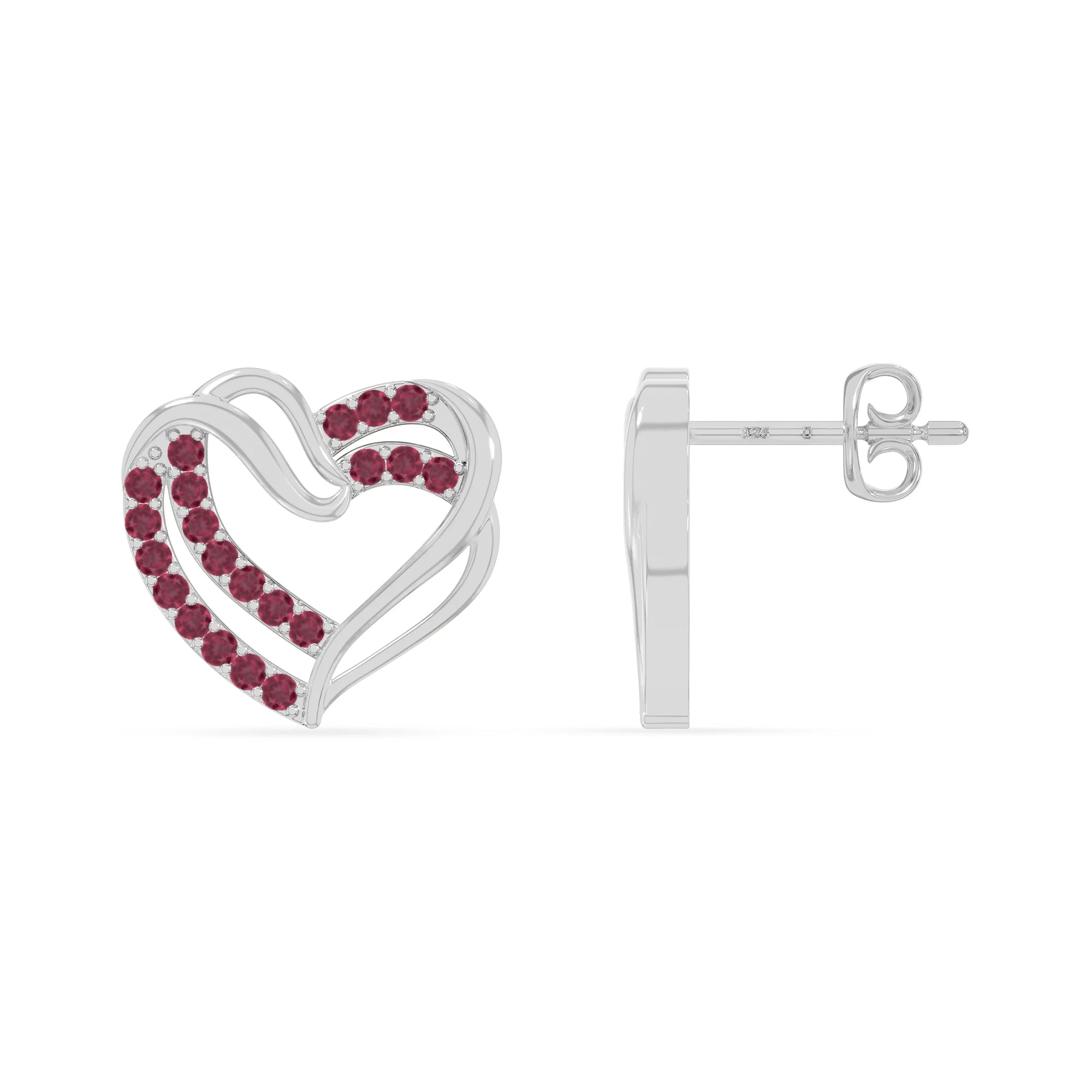 natural ruby heart-in-heart stud earrings in sterling silver 