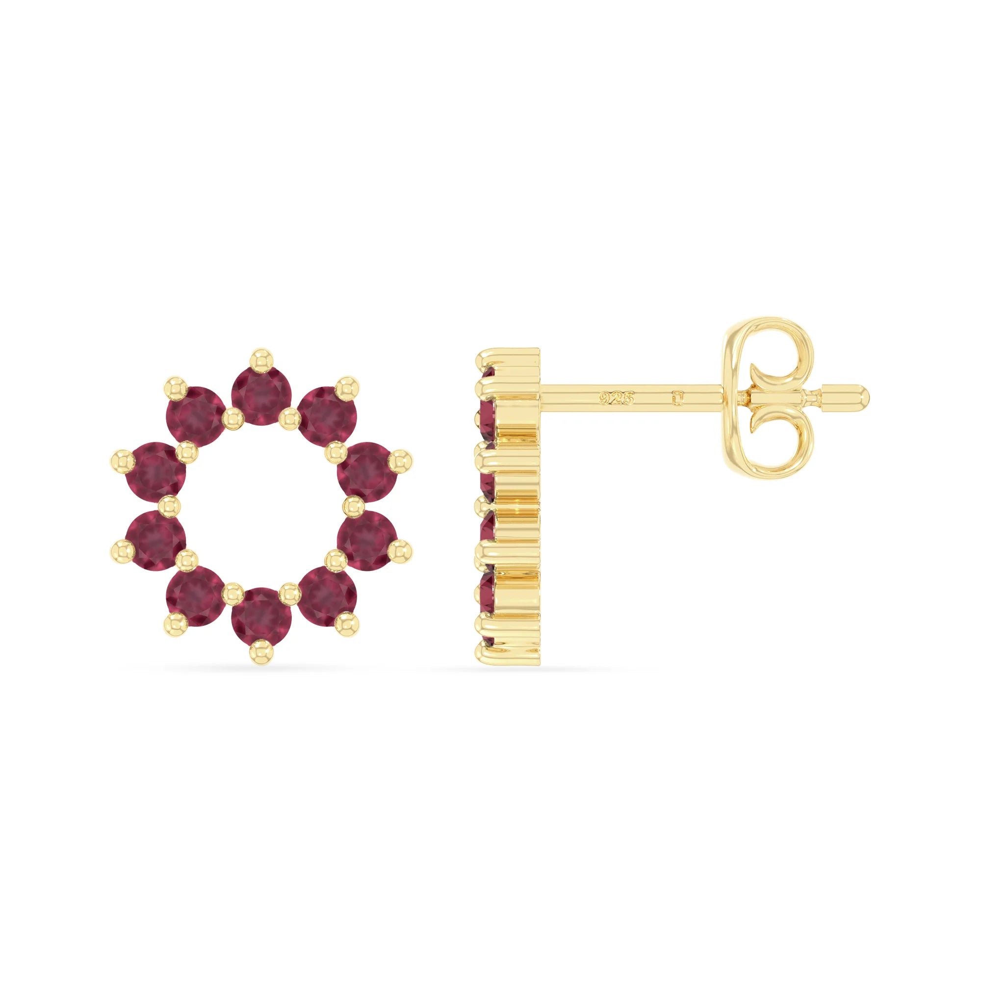 natural ruby sun stud earrings in yellow gold vermeil 