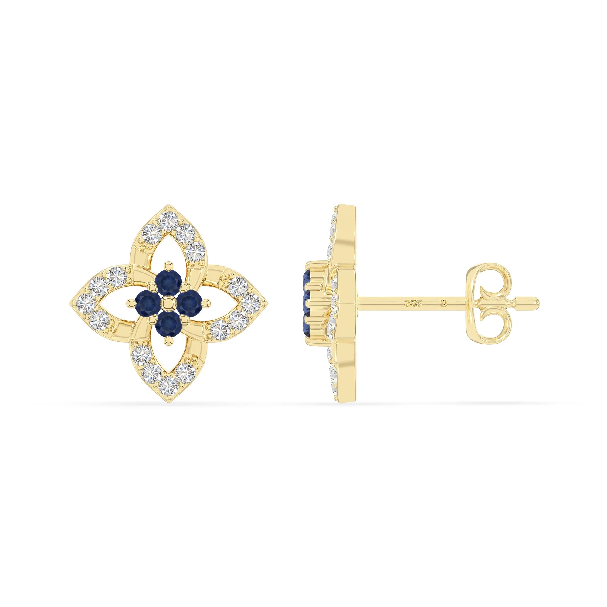 natural blue-sapphire 4 petal flower stud earrings in yellow gold vermeil 