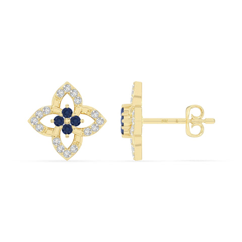 natural blue-sapphire 4 petal flower stud earrings in yellow gold vermeil 