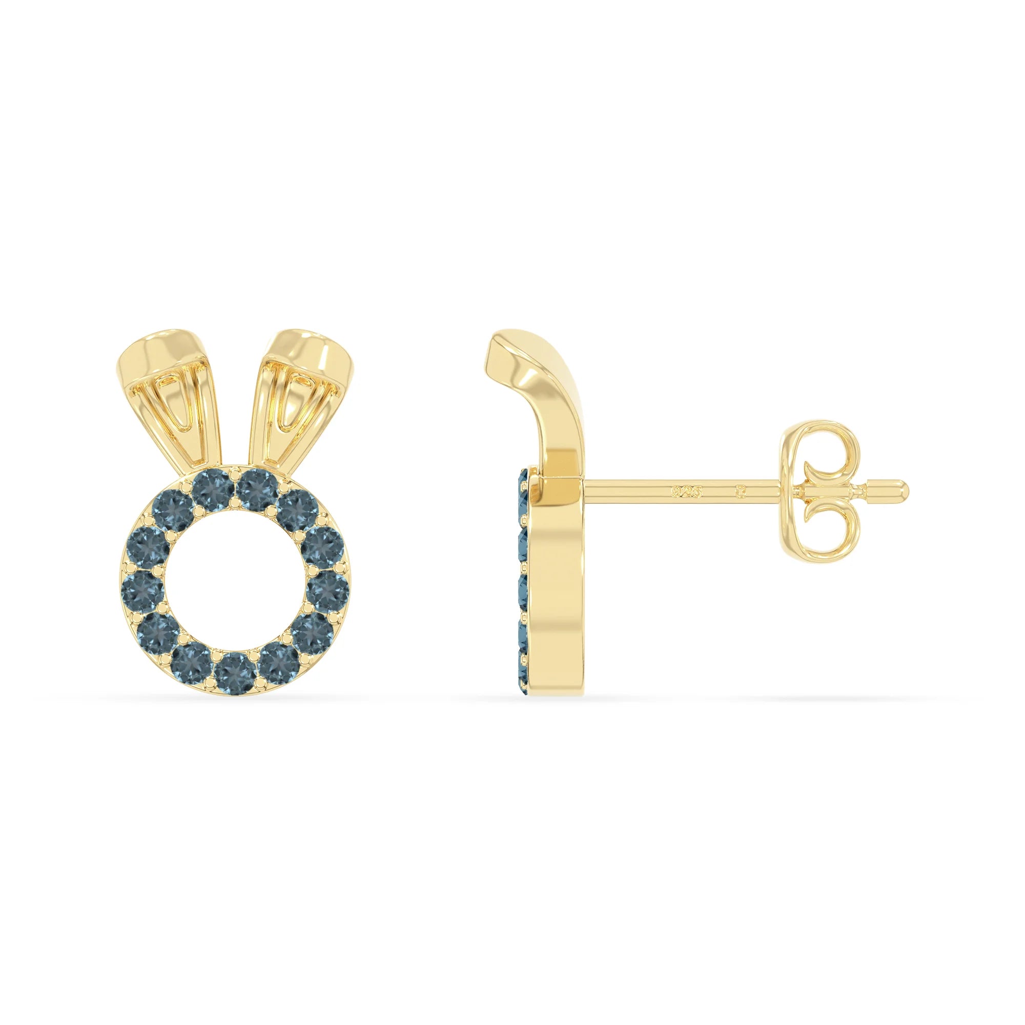 natural london-blue-topaz bunny-rabit stud earrings in yellow gold vermeil 