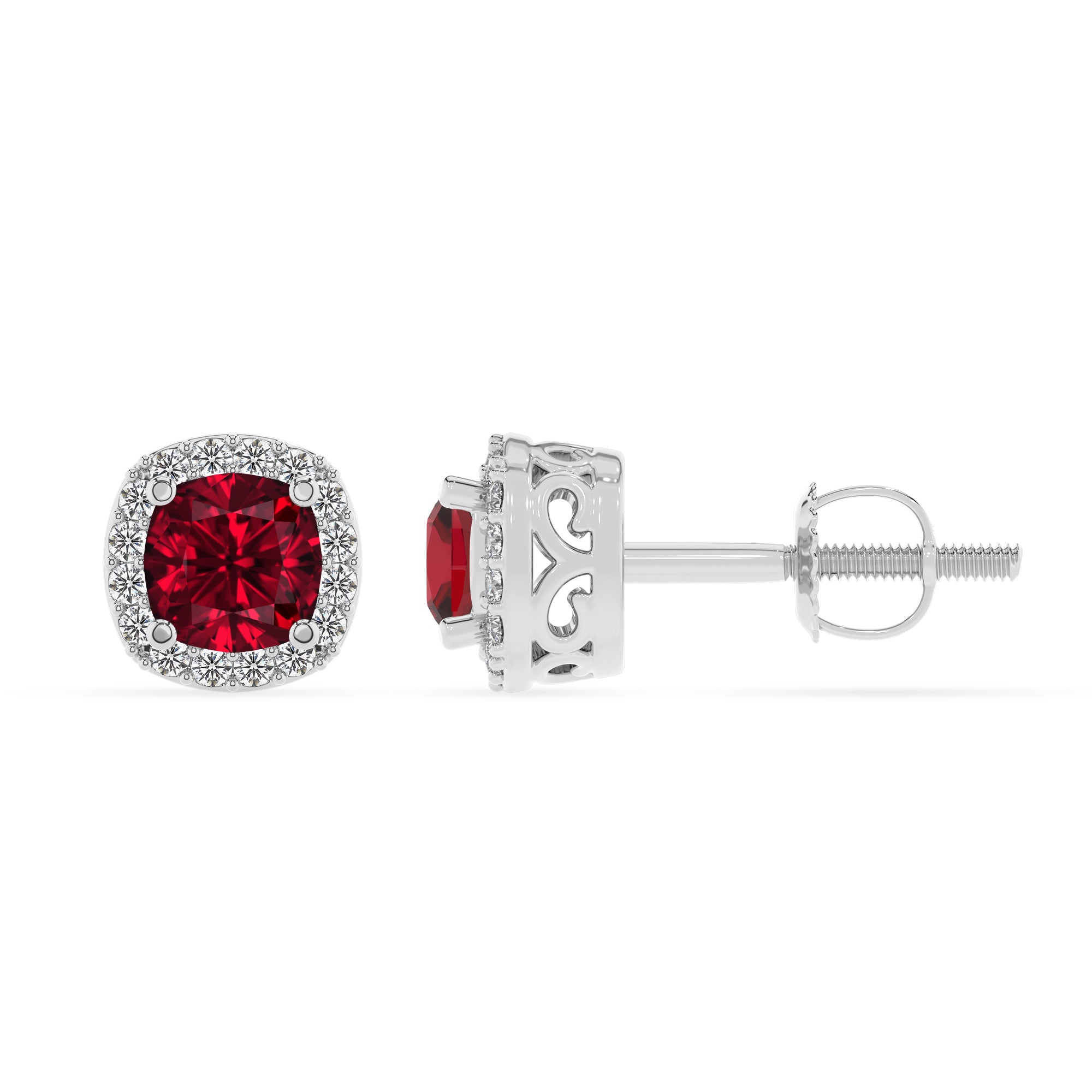 lab grown ruby cushion stud earrings with moissanite 