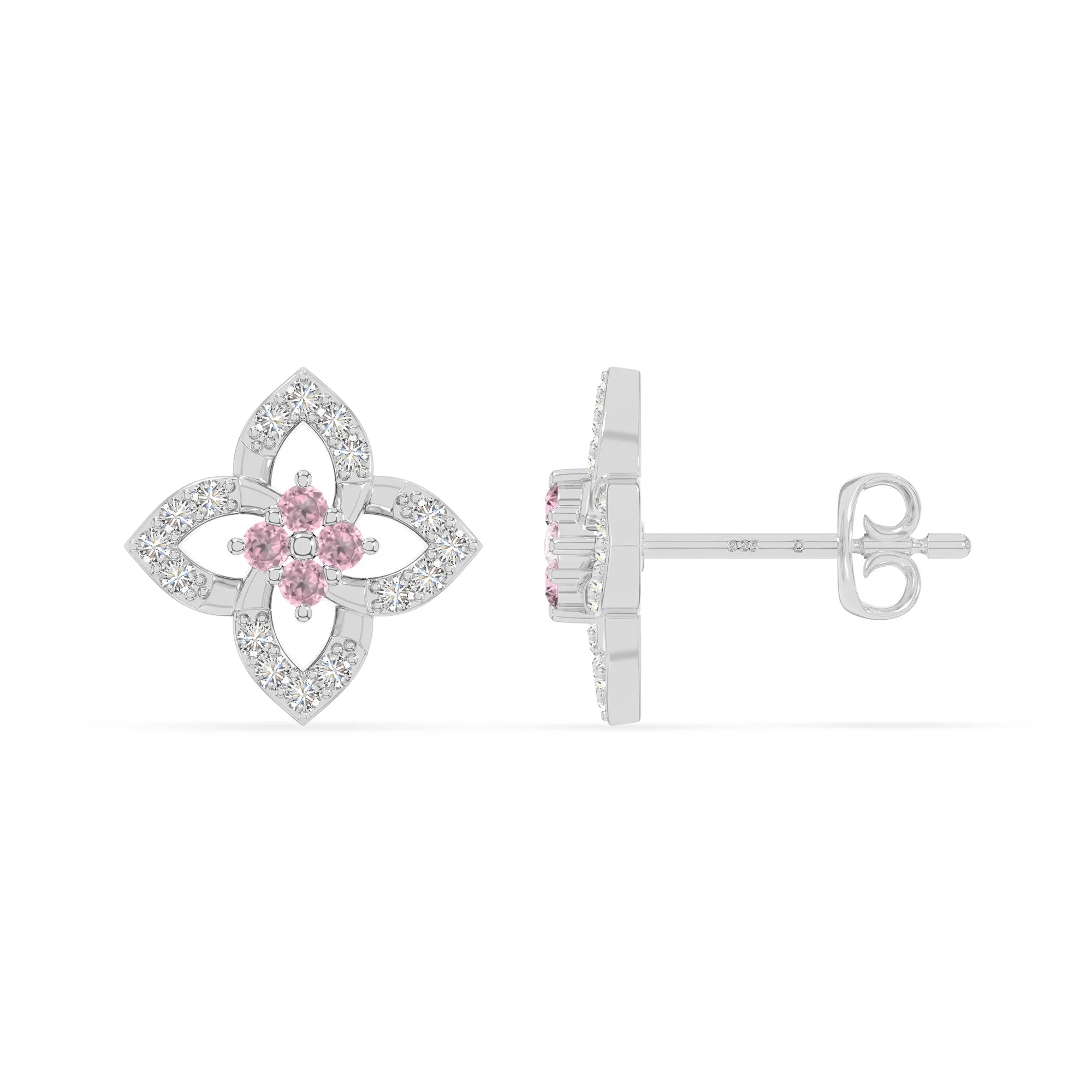 natural pink-tourmaline 4 petal flower stud earrings in sterling silver 