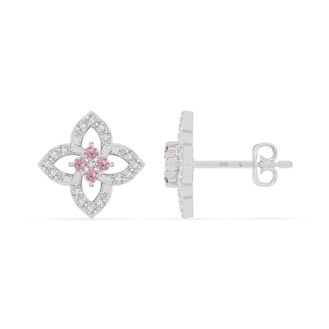 natural pink-tourmaline 4 petal flower stud earrings in sterling silver 
