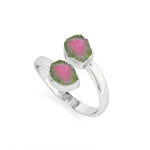 watermelon-tourmaline rough shape stackable bezel-set ring