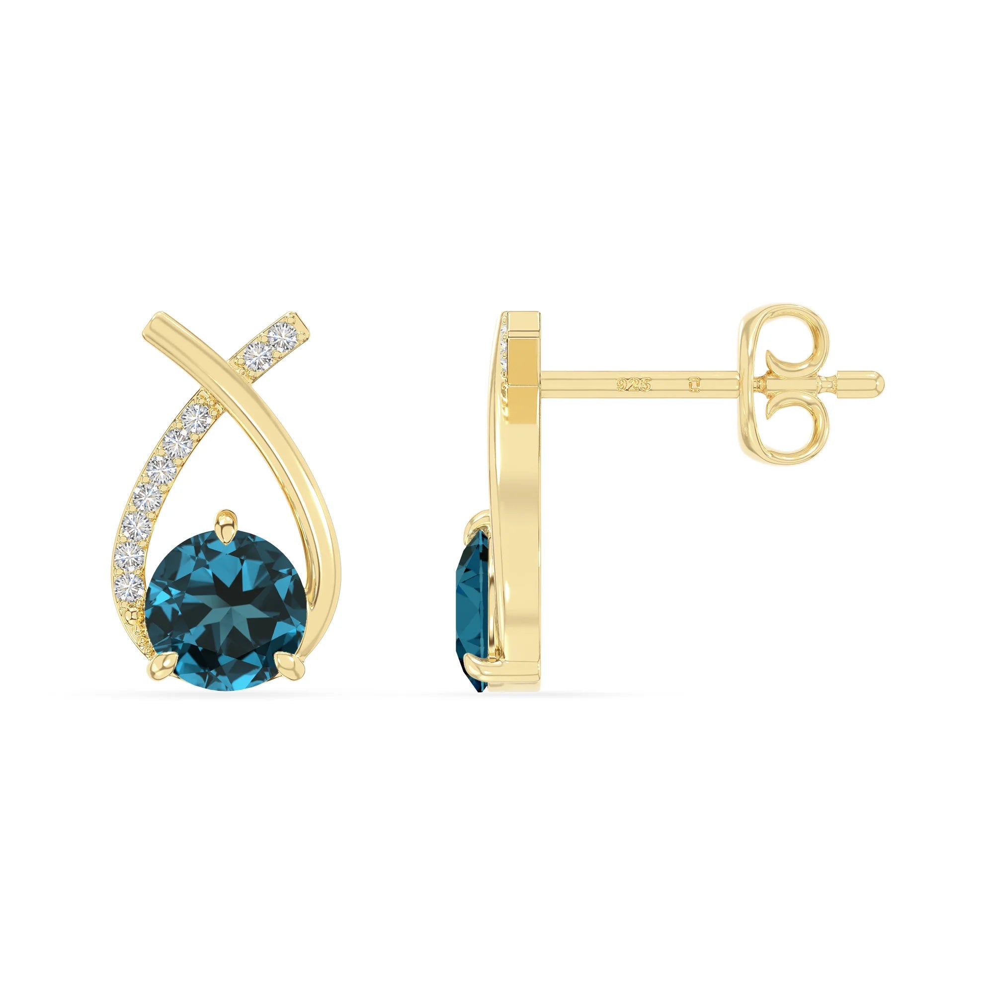 natural london-blue-topaz fishtail stud earrings in yellow gold vermeil 