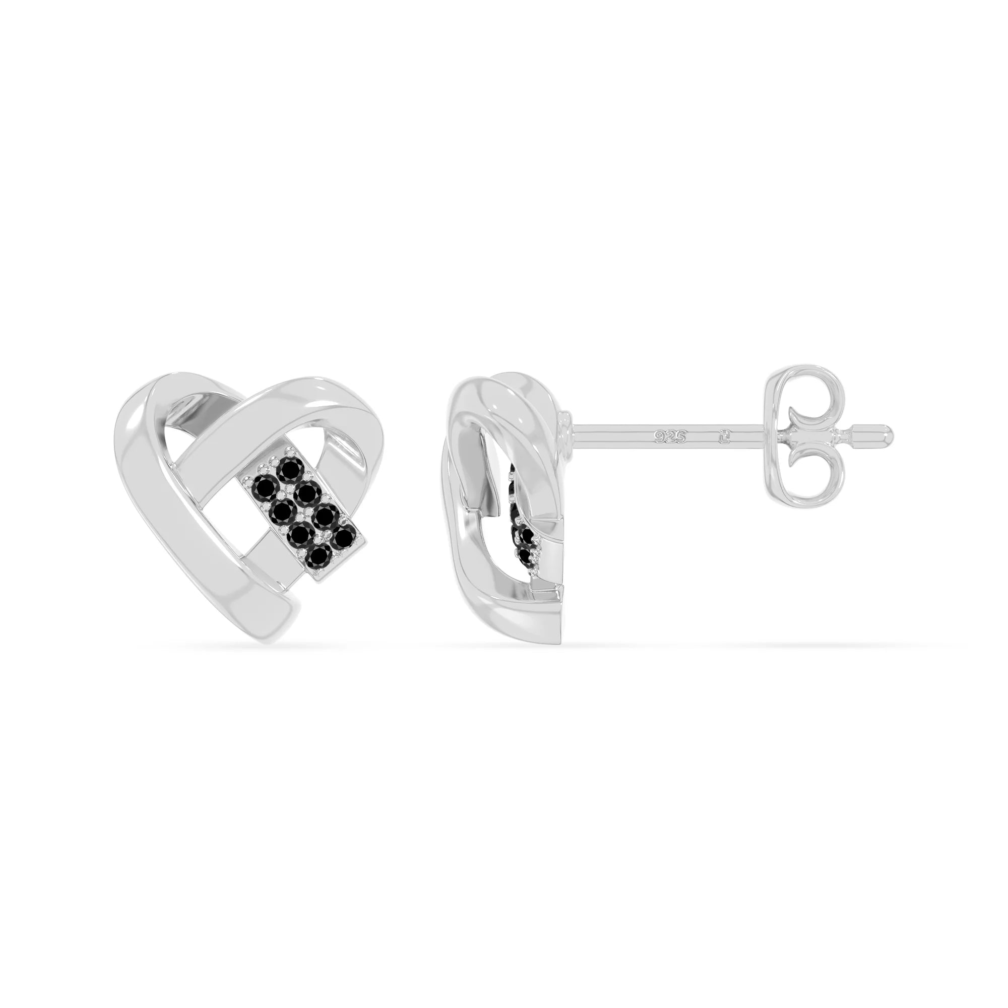 natural black-onyx ribbon-heart stud earrings in sterling silver 